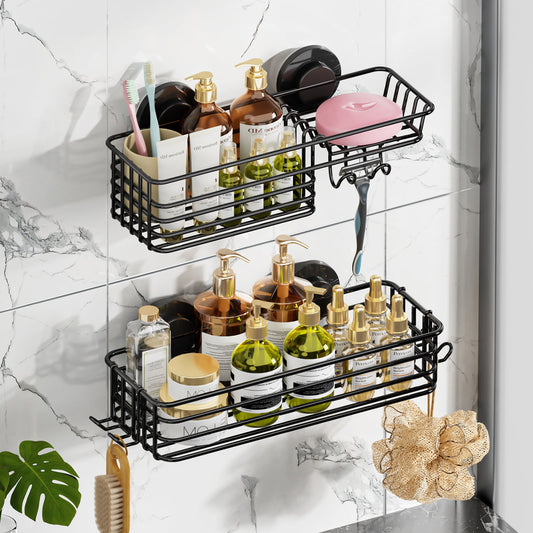 TAILI Shower Caddy Suction Cup 2 Pack with Hooks & Soap holder, Heavy Duty Shower Organizer for Bathroom, No Drilling Black Shower Shelves for Inside Shower, Black Metal Shower Holder