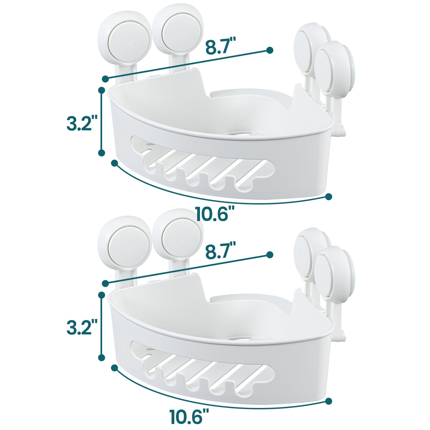 TAILI Suction Corner Shower Caddy, Bathroom Shower Shelf Storage Basket Wall Mounted Organizer for Shampoo, Conditioner, Plastic Shower Rack for Kitchen & Bathroom, Drill-Free Removable (2 Pack)